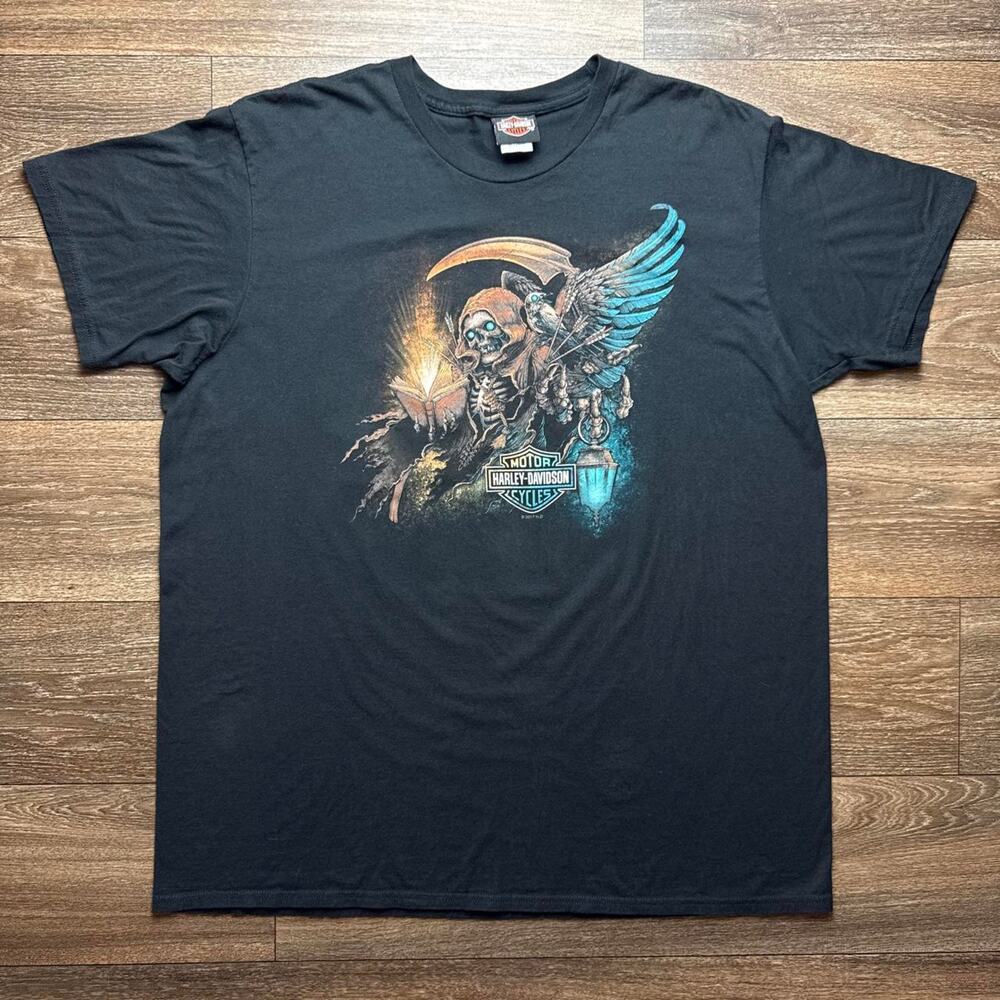 Black Harley Davidson Tee with Graphic of a Grim Reaper Skeleton
